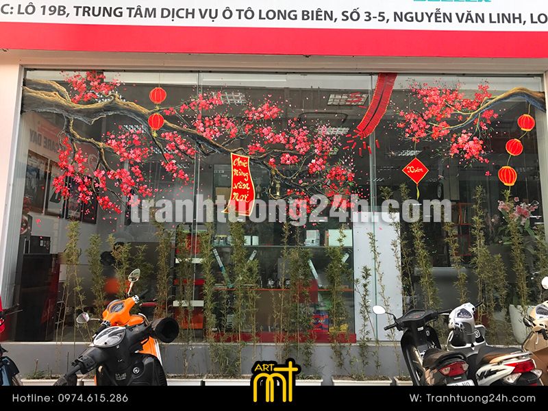 Vẽ mai đào trang trí cửa kính ngày tết