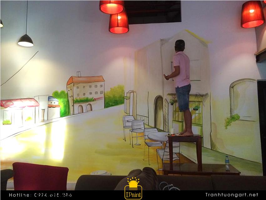 vẽ tranh quán Cafe 911 đường khuất duy tiến