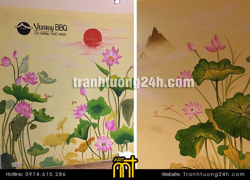 tranh hoa sen nhà hàng nhật