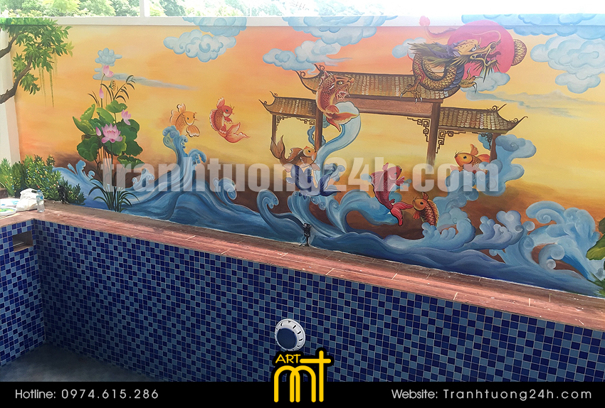 Tranh Vẽ 3D Cá Chép Hóa Rồng, cá chép vượt vũ môn