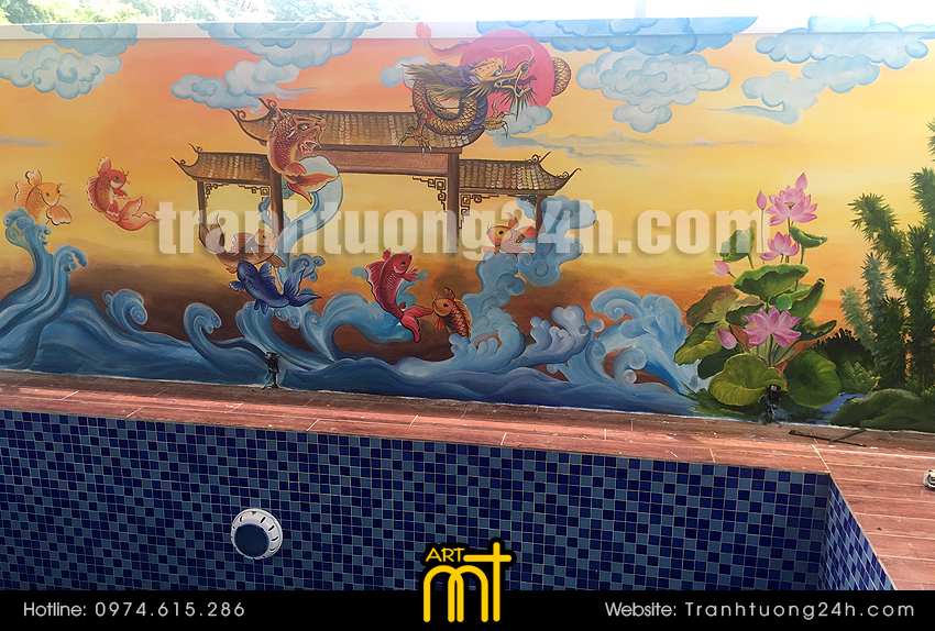 Tranh Vẽ 3D Cá Chép Hóa Rồng, cá chép vượt vũ môn