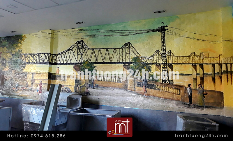 vẽ tranh tường cafe, cầu long biên