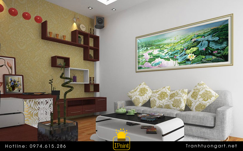 Thiết kế phòng khách tranh hoa sen