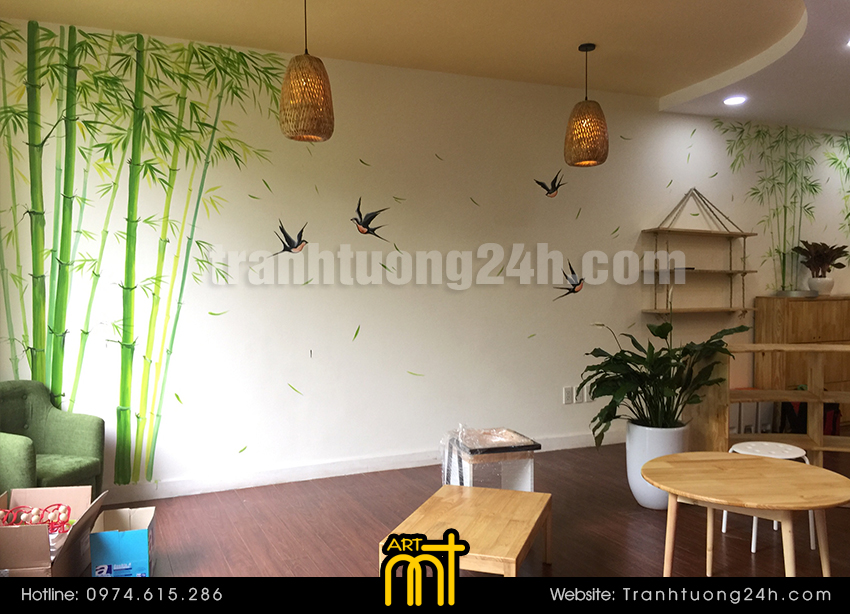 vẽ tranh tường rừng tre trúc, vẽ tranh tường mầm non cho bé