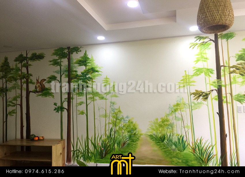 vẽ tranh tường rừng cây cho bé