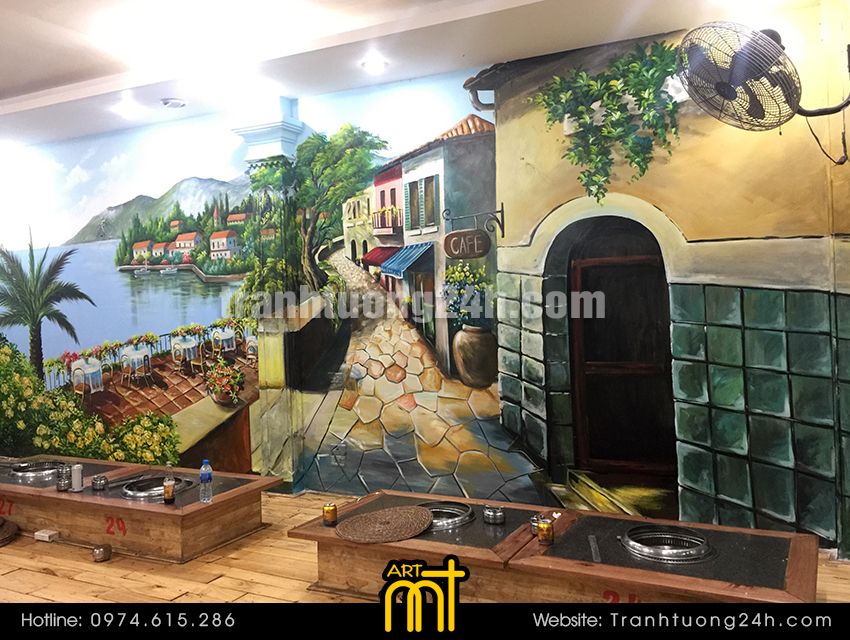 vẽ tranh tường phong cảnh quán lẩu nướng