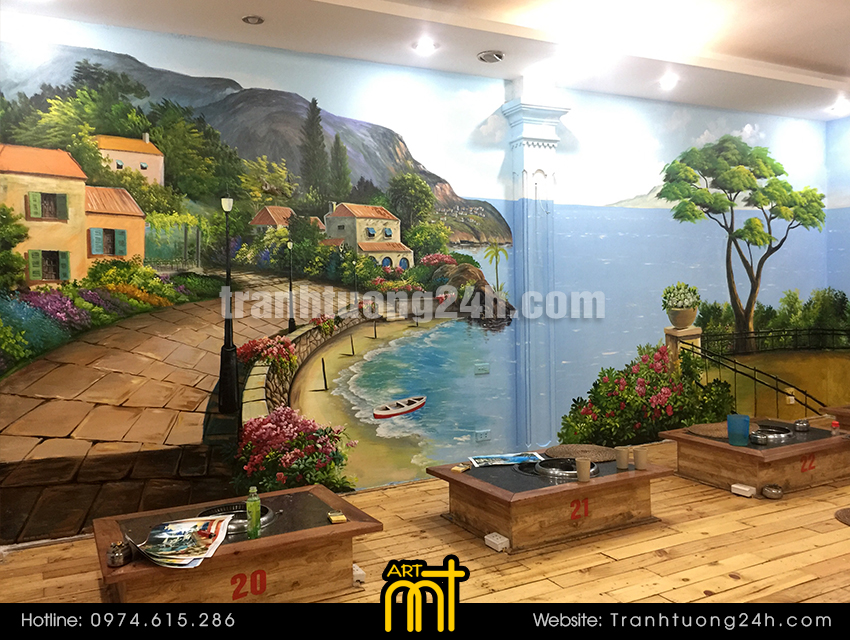 tranh tường phong cảnh quán lẩu nướng