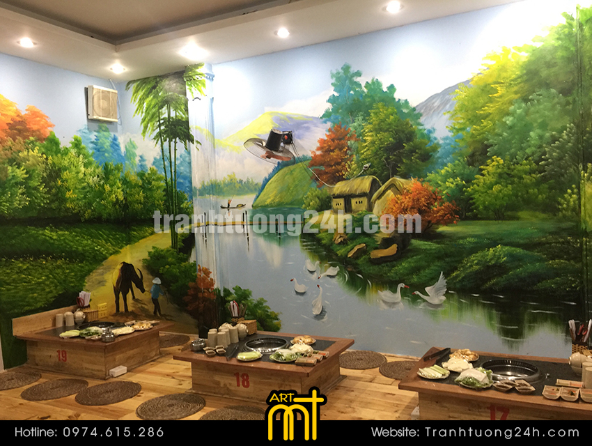 tranh tường đồng quê quán lẩu nướng