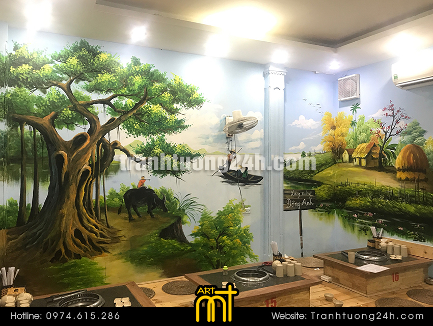tranh tường đồng quê quán lẩu nướng